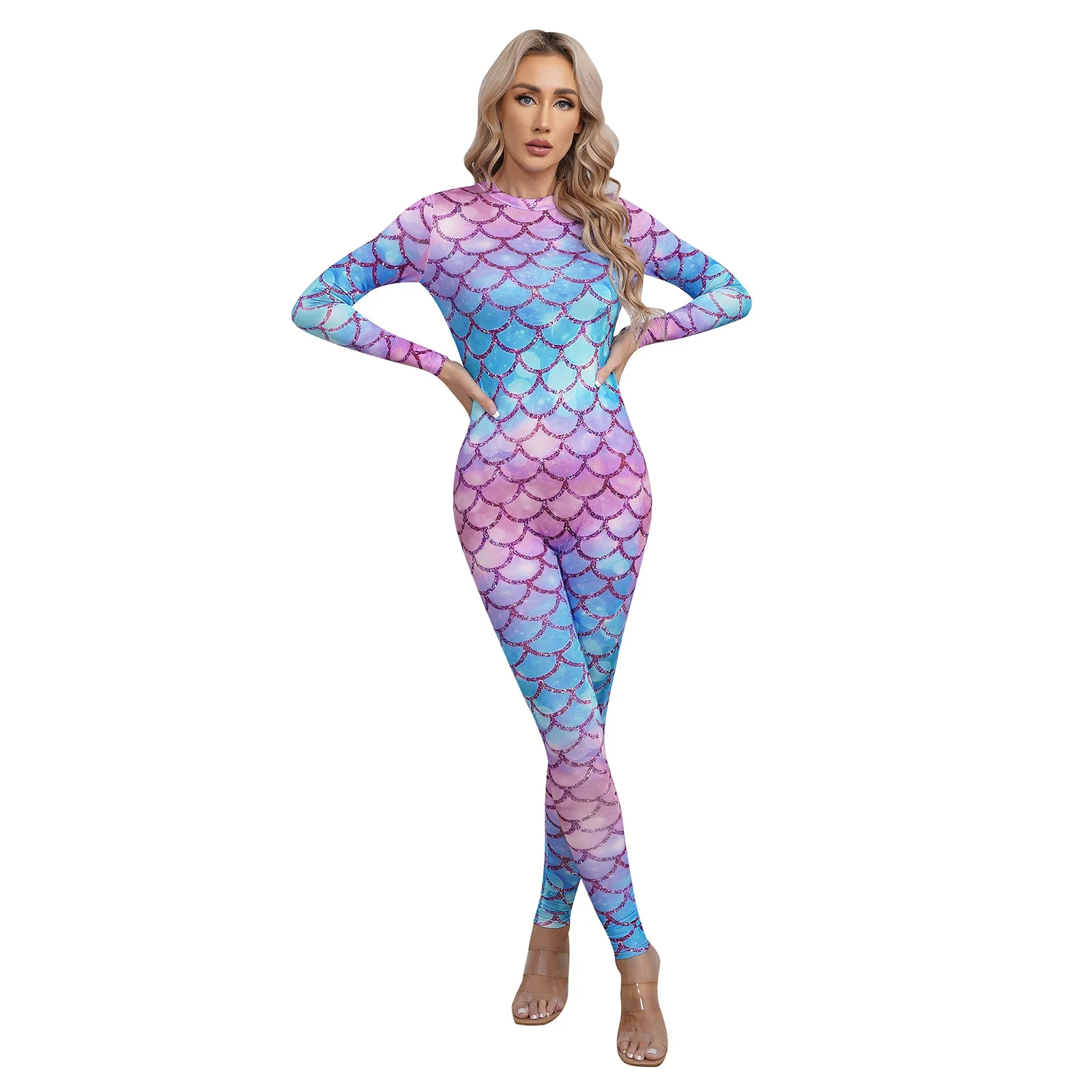 Womens Mermaid Cosplay Costume Fish Scale Print Jumpsuit Long Sleeve Zipper Full Body Bodysuit Swimsuit Rash Guards Bathing Suit