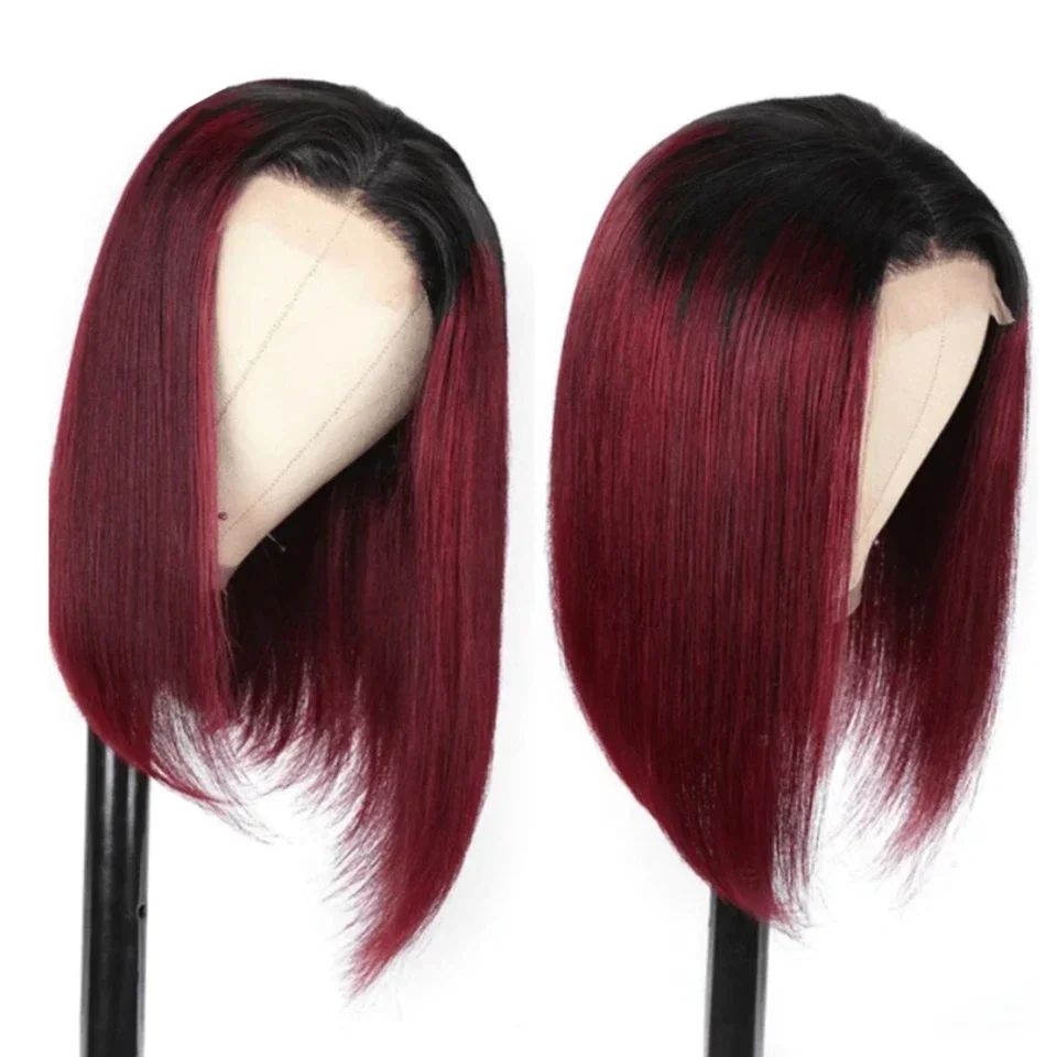 ﻿   Wig Rambut Manusia Bob Lurus Merah 13X4 dengan Lace Frontal untuk Wanita, Wig Rambut Manusia 100% Lurus Bob Pendek untuk Cosplay ﻿   HD (Definisi Tinggi)