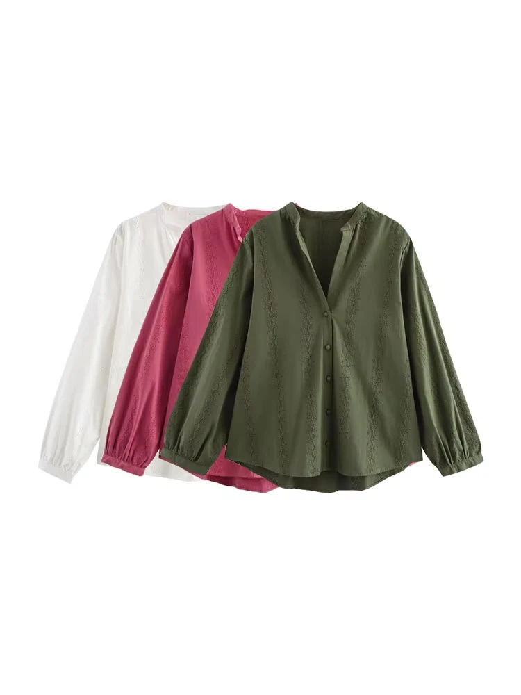 

TRZA Women's Long Sleeve Cutwork Embroidery Shirt Chic Blouse Fashion Female Top with Front Covered Buttons