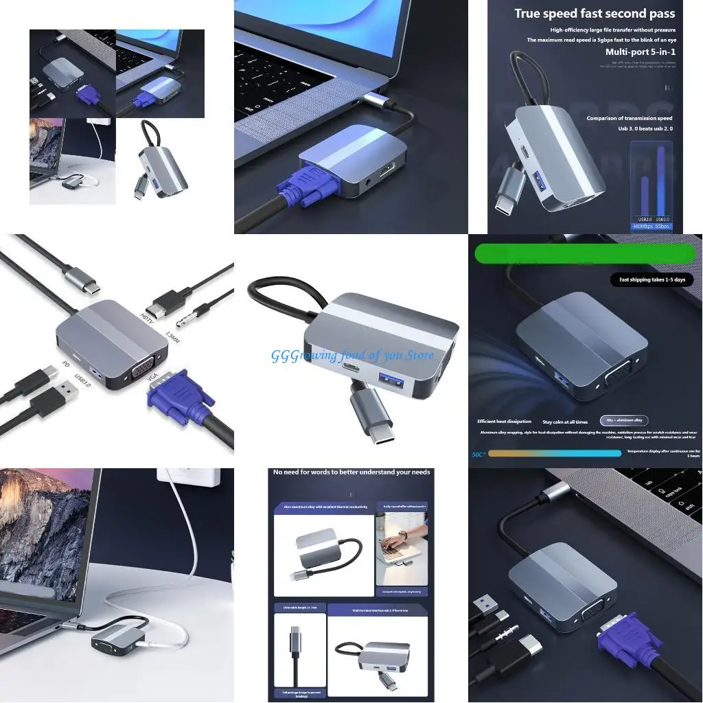 

H9EB Professional USB C Dock 5 Port Expansion 3.5mm VGA HDTV USB3.0 Docking Station for PC Laptop Accessories