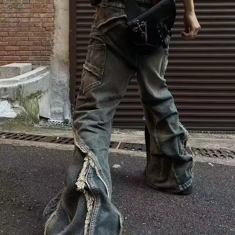 Washed heavy duty splicing raw edge zipper micro flare jeans men with micro elastic spring autumn teenagers mid waist fashion