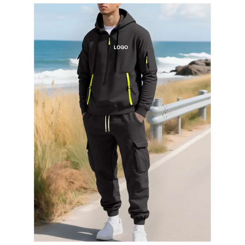 남성용 플리스 안감 후드 집업 멀티 포켓 카하트 작업복 세트 신상 가을/겨울 편안한 후드티 맞춤 로고