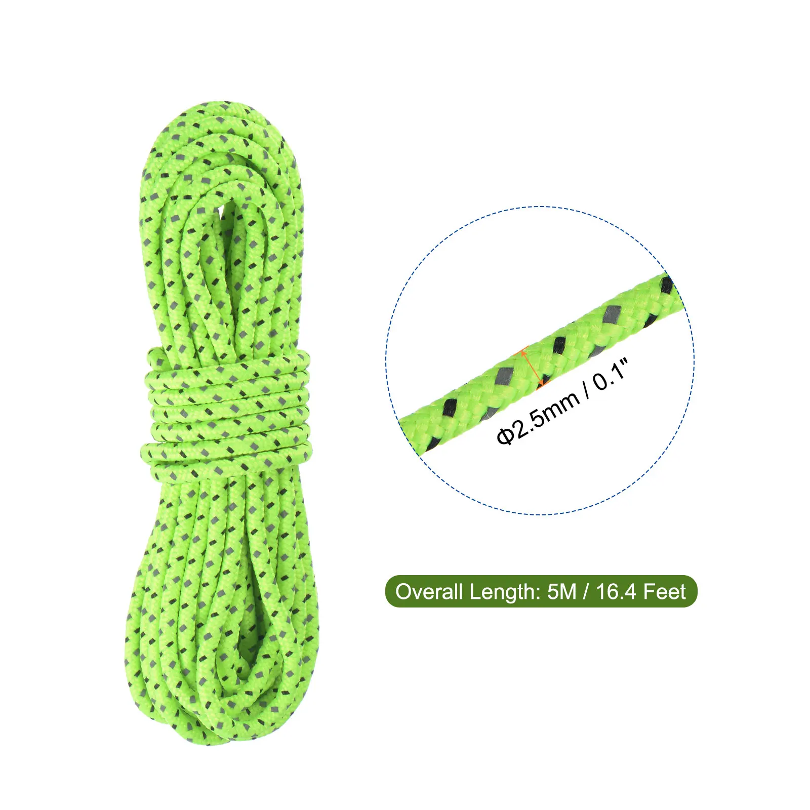 uxcell Tent Rope 2.5mm 16.4ft Polyester Cord Fluorescent Reflective Green for Outdoor Camping Canopy