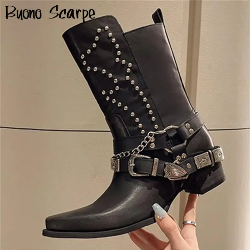 

Pointed Toe Rivet Western Cowboy Boots Women Punk Style Large Size Belt Buckle Motocycle Boots Spice Girl Metal Ankle Botas New