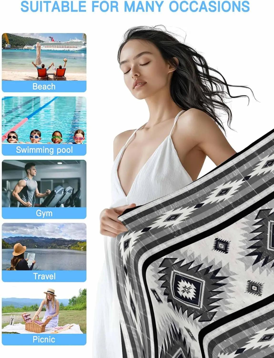 Retro Grey Bohemian Stripe Soft Absorbent Quick-Dry Sand-Free Microfiber Compact Towel Aztec Ethnic Tribal Totem Bath Blanket