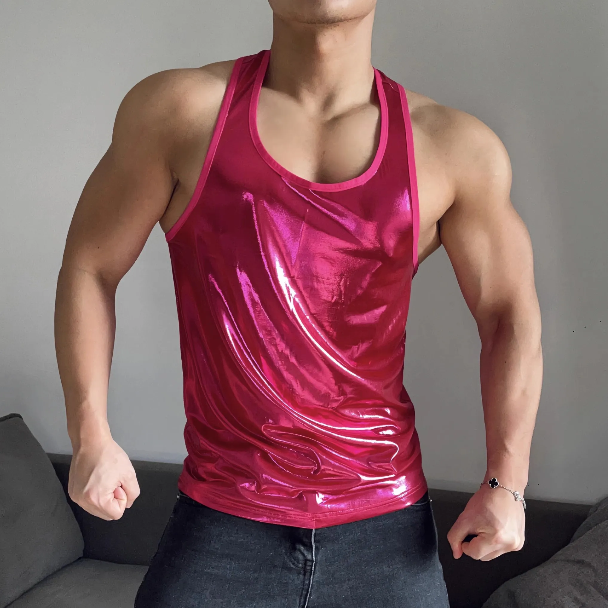 liquid Barbie Pink Sliver Shiny Laser Sleeveless Pullover Sport Vest Men Nightclub Bar Singer Dancer Stage Performance Costume