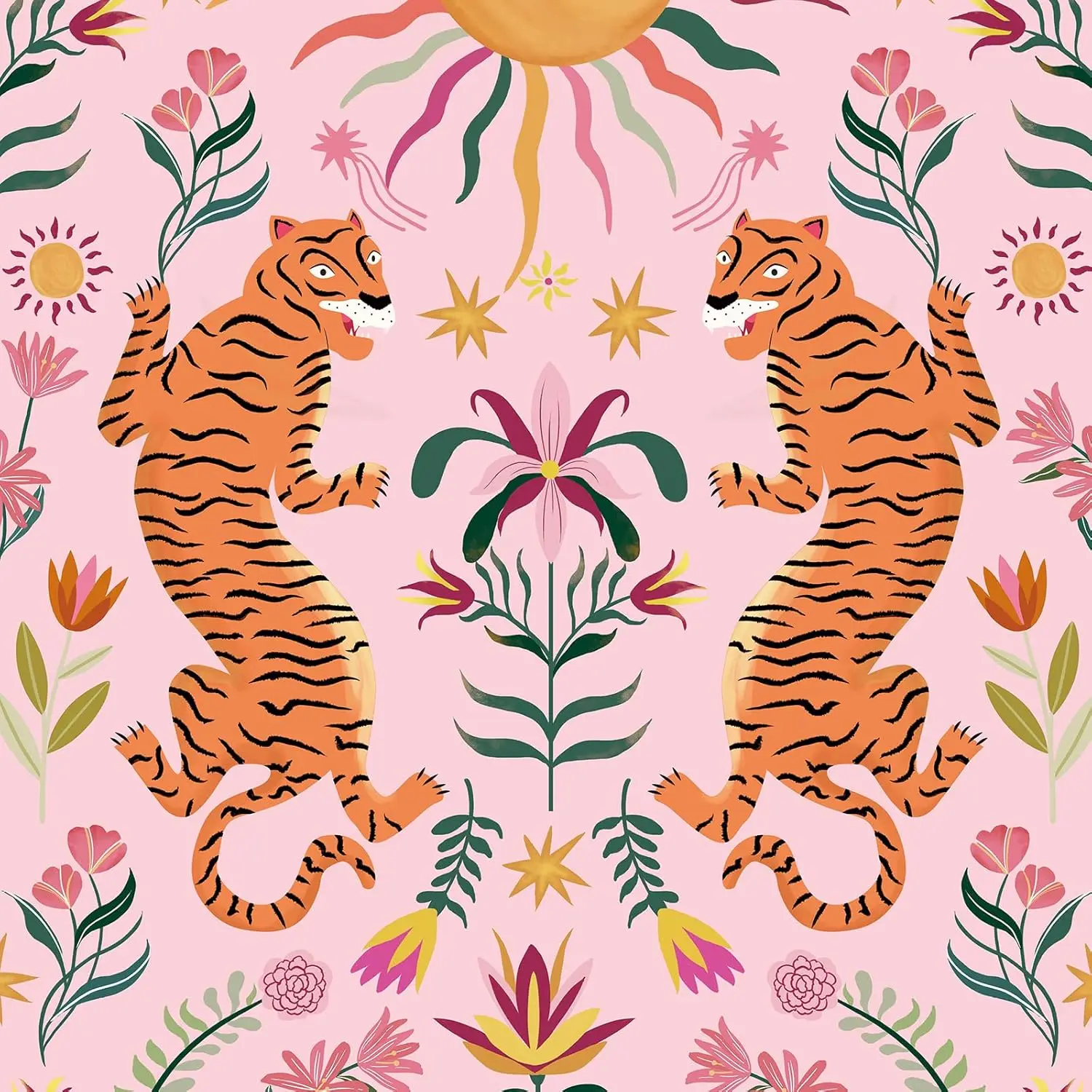 Bohemian Tiger Floral Wallpaper Self Adhesive Pink Background Sun Print Wall Art Home Decor Mural for Living Room Kids Bedroom