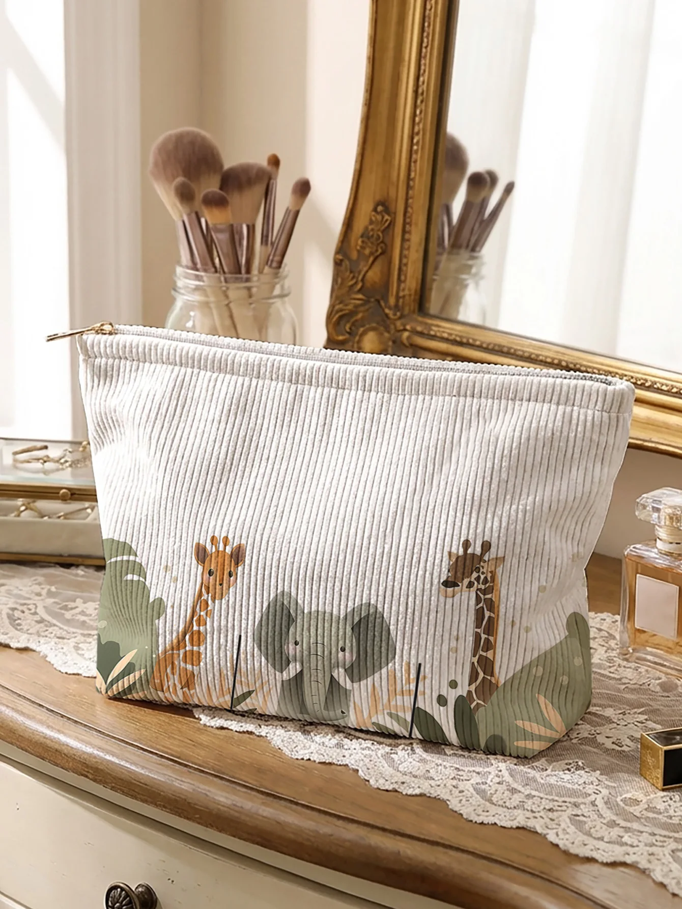 Cute jungle giraffe elephant print corduroy makeup bag, lightweight zipper pouch, multi-purpose lined cosmetic storage bag