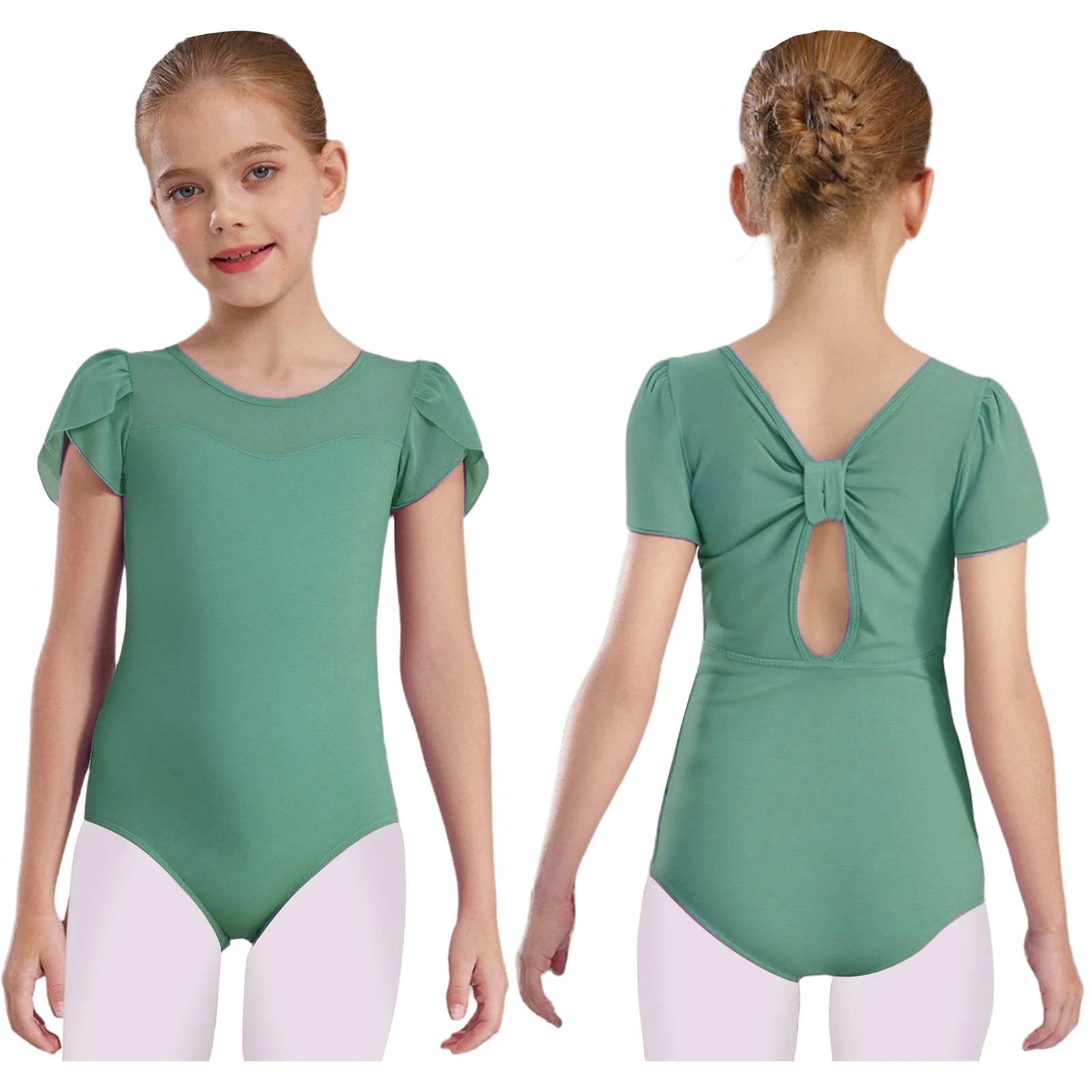 

Children Girls Ballet Dancer Leotards Gymnastics Costume Short Petal Sleeves Keyhole Knot Back Sheer Mesh Gymnastics Leotards