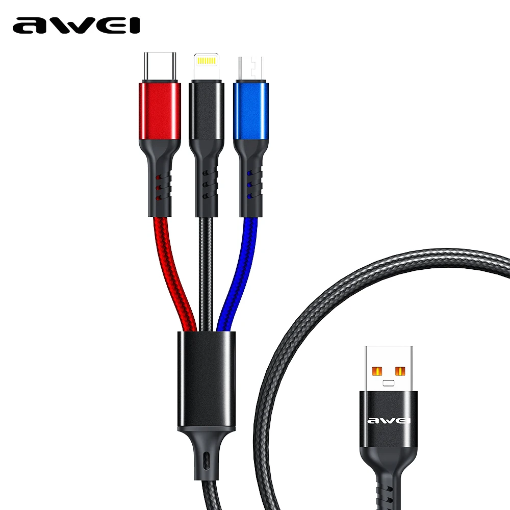 

Awei CL-971 3 in 1 Type C Fast Charging Cable 2.4A USB Micro Charger Phone Cables Braided Wire For iPhone iPad For Xiaomi/Huawei