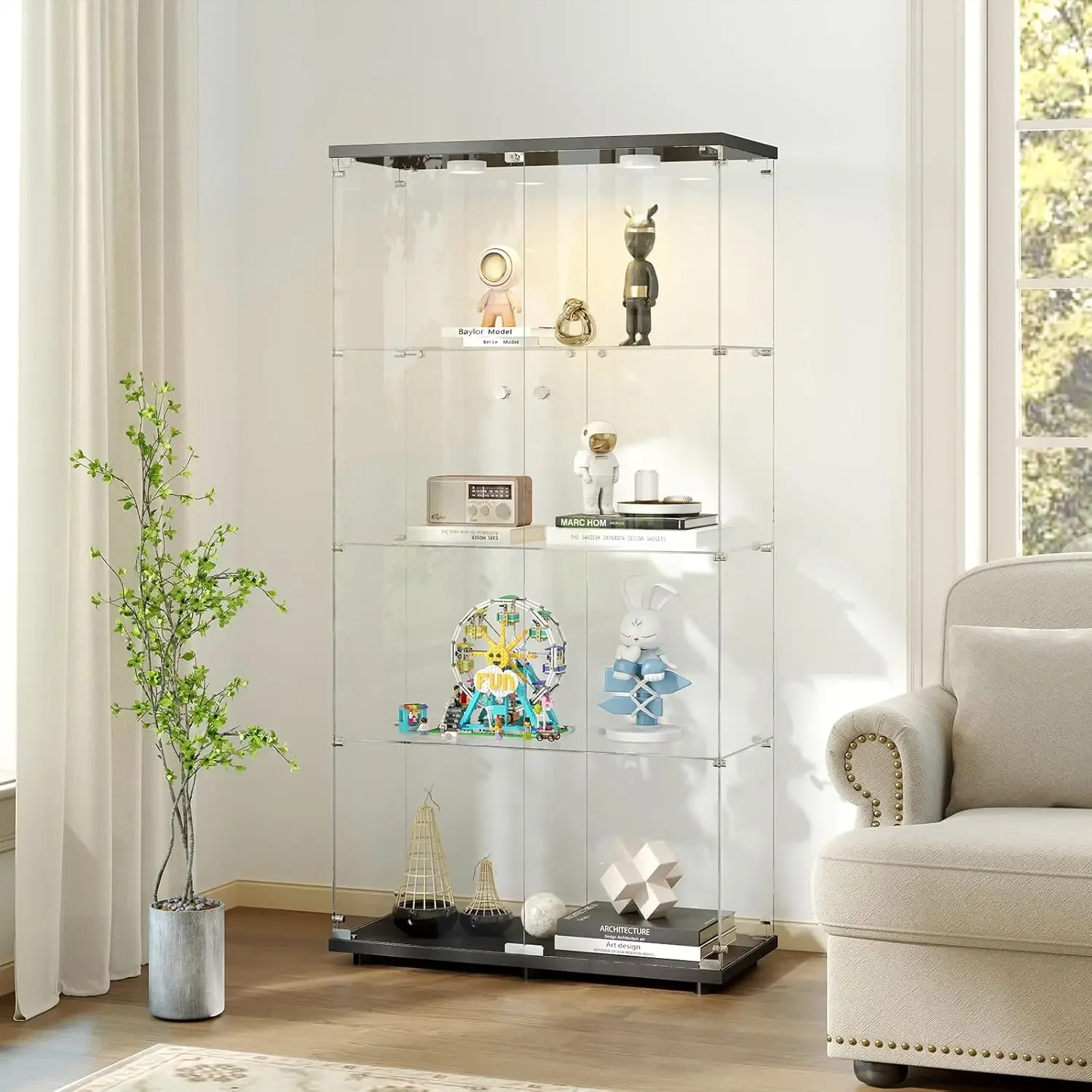 

Glass Display Cabinet With Lights Lock Glass Doors For Collectibles Living Room Bedroom Office Black 4 Tier Double Door