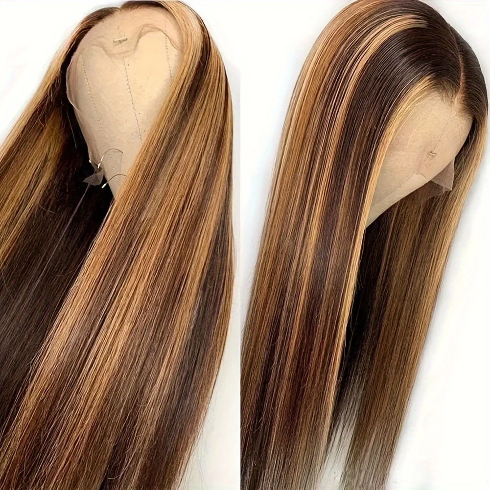 Perruques en cheveux humains lisses 200% Highlight 4/27, perruques frontales en dentelle transparente 13x6, perruques frontales en dentelle ombrées ultra-lisses