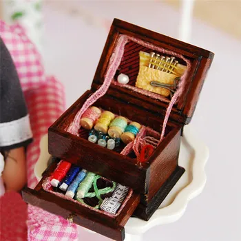 Kit de agujas de costura Vintage, caja 1:12, Mini decoración en miniatura para casa de muñecas