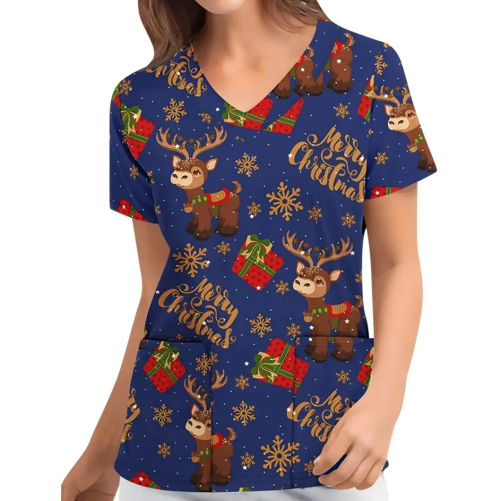 Scrub Medical Woman Summer Christmas Snowman Print V-Neck Short Sleeves Cute Nursing Uniforms Tops Dental Women's Nurse Clothes