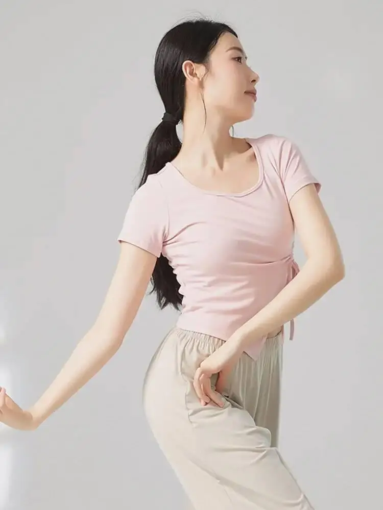 Top da ballo con scollo quadrato e orlo irregolare per balletto classico, abbigliamento da palcoscenico, camicia da donna con coulisse in tinta unita