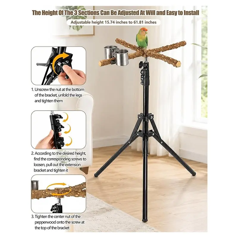 ABGH-Bird Perch Stand With Filling Cups, 16-61 Inch Height Adjustable Wood For Parrot Training