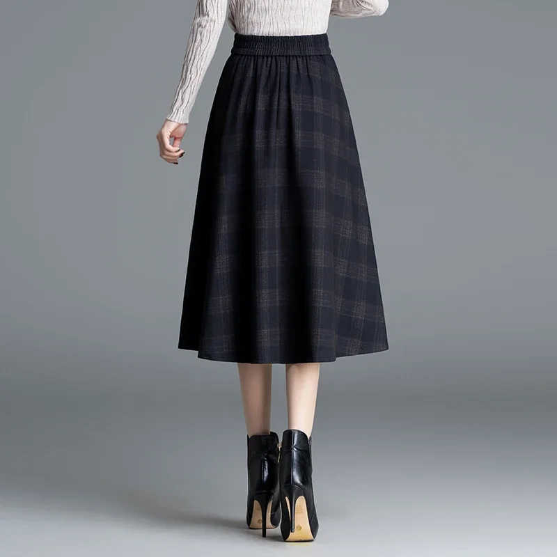 Womens 2024 Autumn/Winter Plaid A-Line Skirt Fashion High Waist Ladies S L XL XXL 3XL Size Female Mid-Calf Skirt