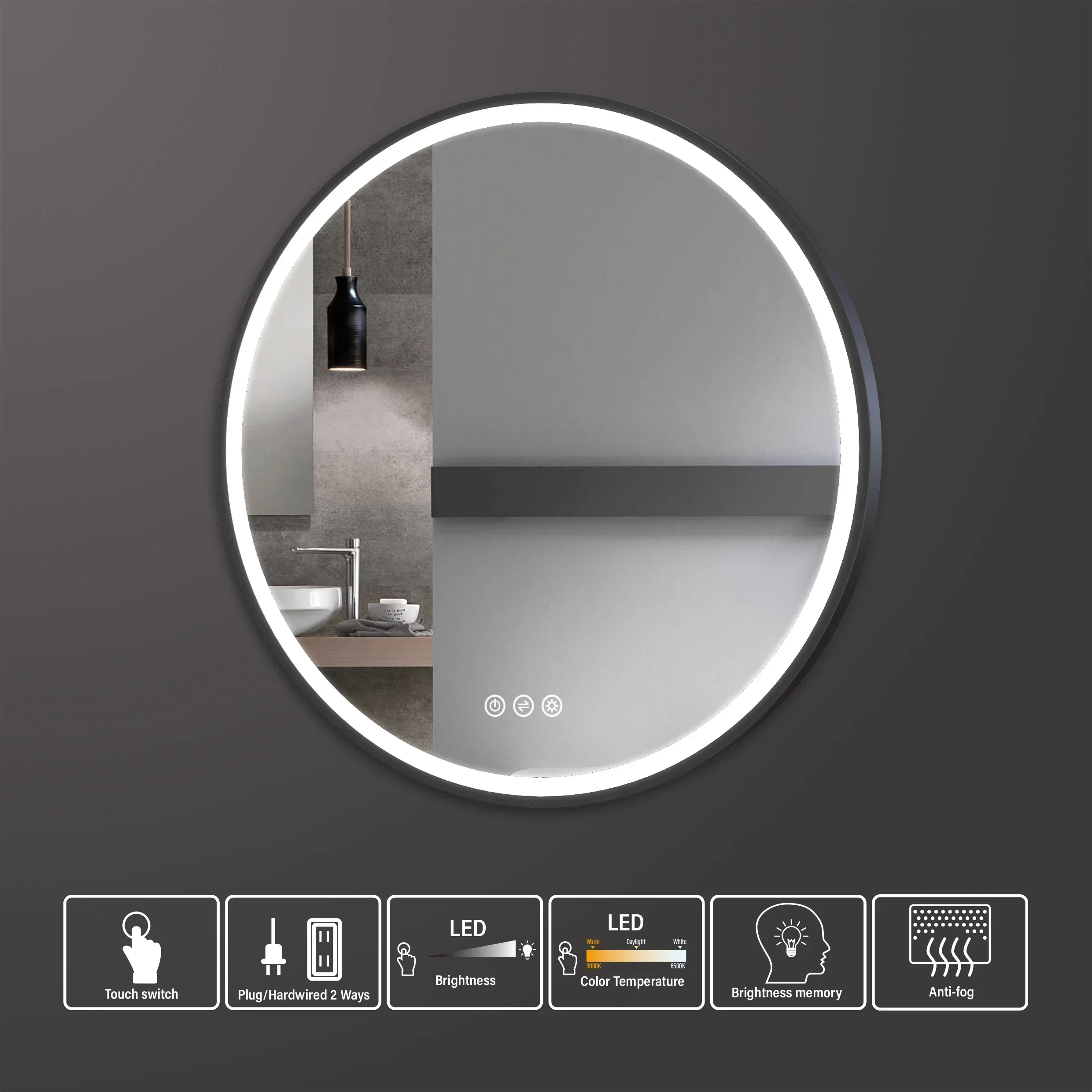 Direct Manufacture Low MOQ Anti Fog Contemporary Wall Smart  Bathroom Mirror Round  Framed Led Mirrors