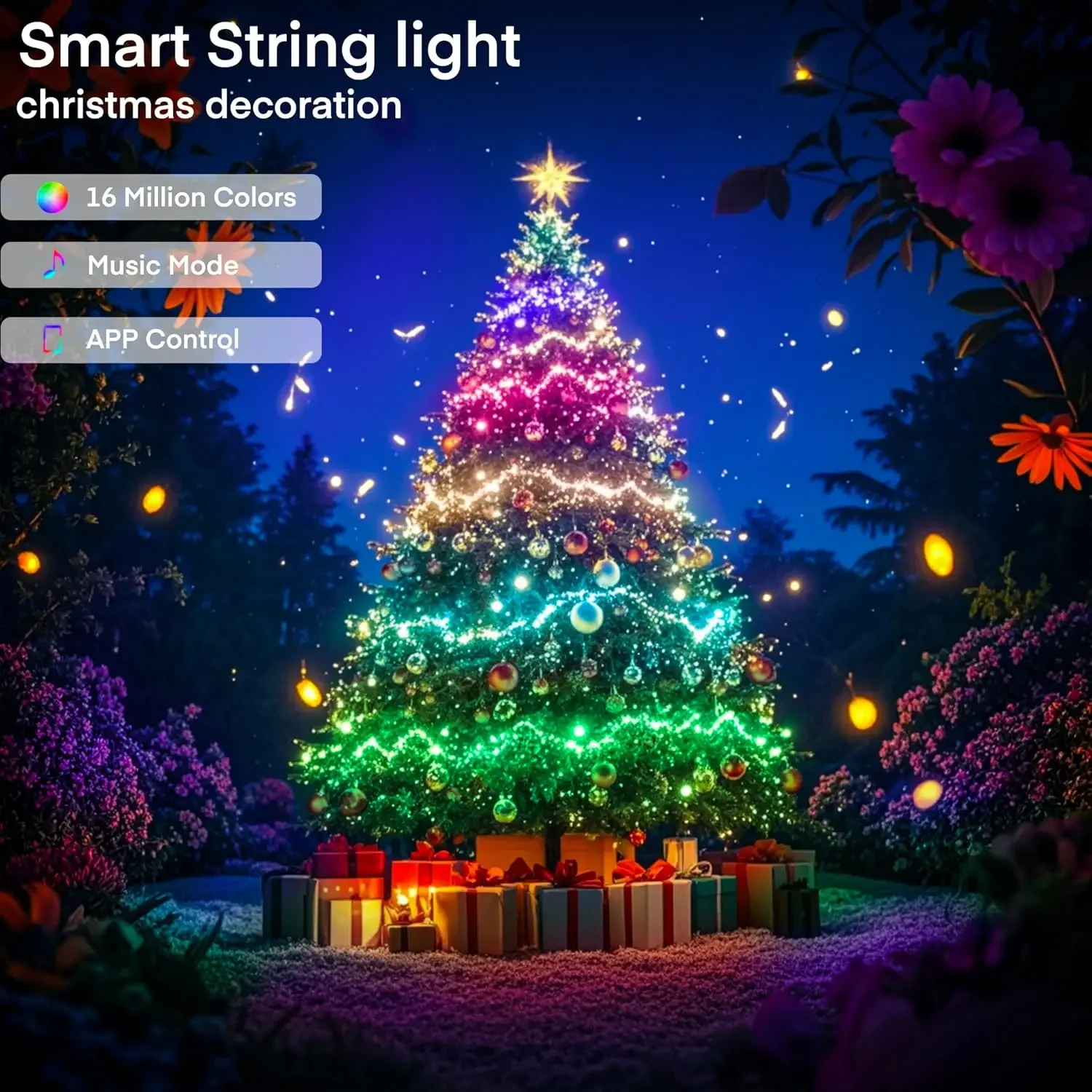 RGB String Lights, Bluetooth Addressable App Control Music Sync Waterproof for Xmas Tree Home Decor Holiday Party Wedding
