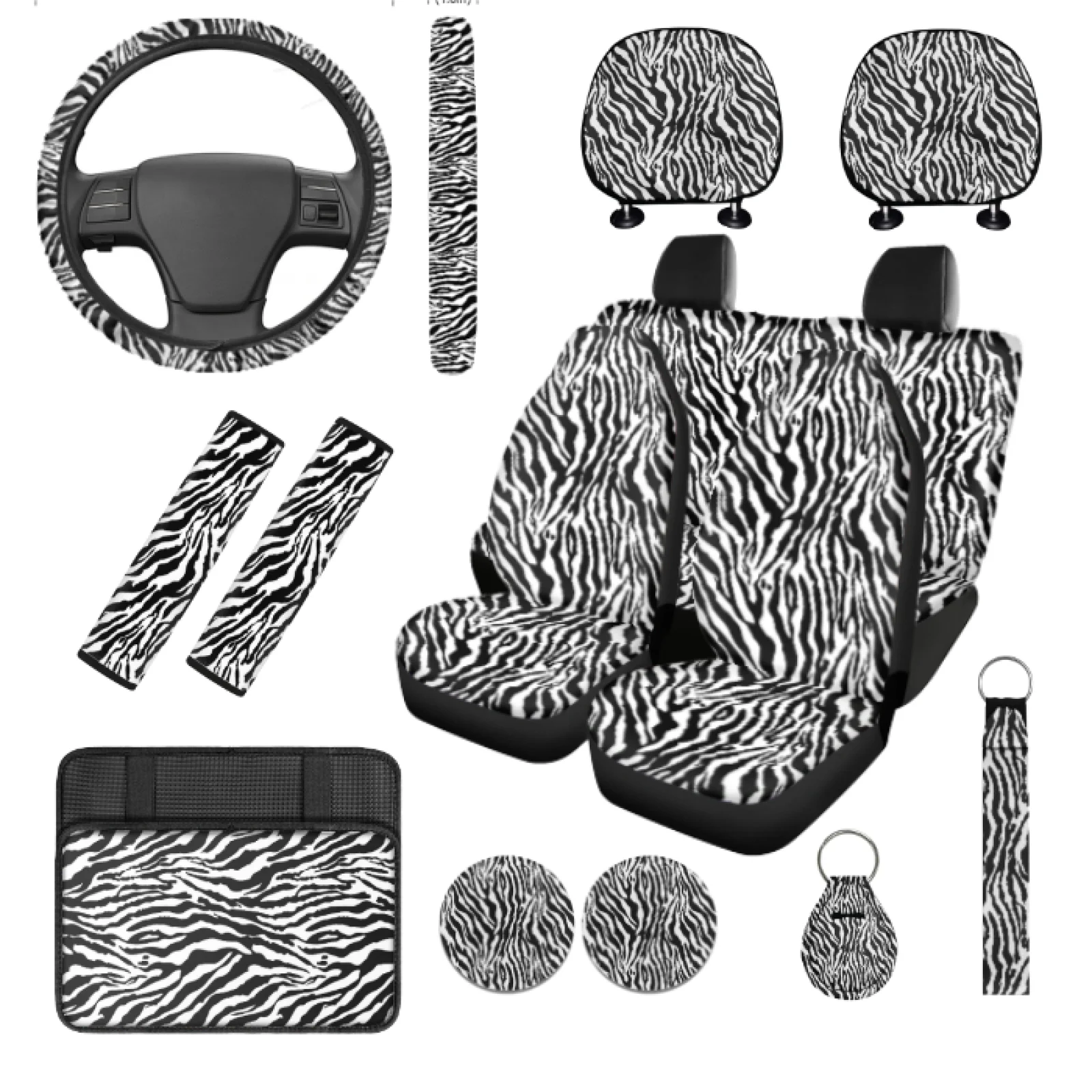 Coloranimal Zebra 14 Pcs Automotive Seat Cover Set with Elastic Steering Wheel Cover and Auto Cup Pad for Cars