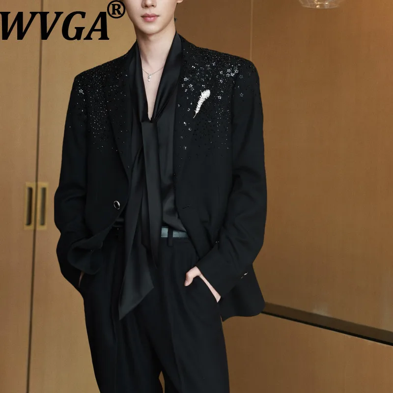 

WVGA Spring Autumn New Man Heavy Starry Sky Diamond Trendy Blazer Niche Chic Casual Straight Suit Pants Two Piece Set Ins W15264