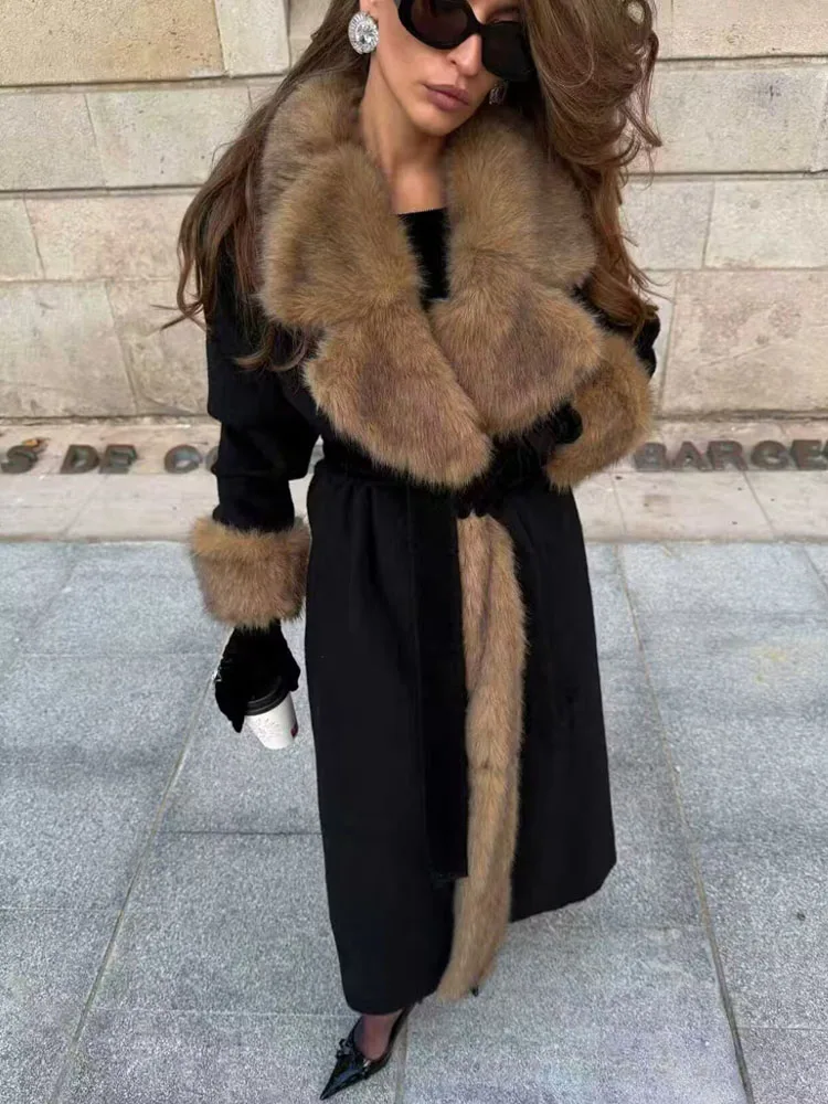 HH Woman Winter Fashion Casual Long Sleeves Solid Color Faux Fur Collar Lace-Up Decoration Loose Commuting Versatile Long Coat