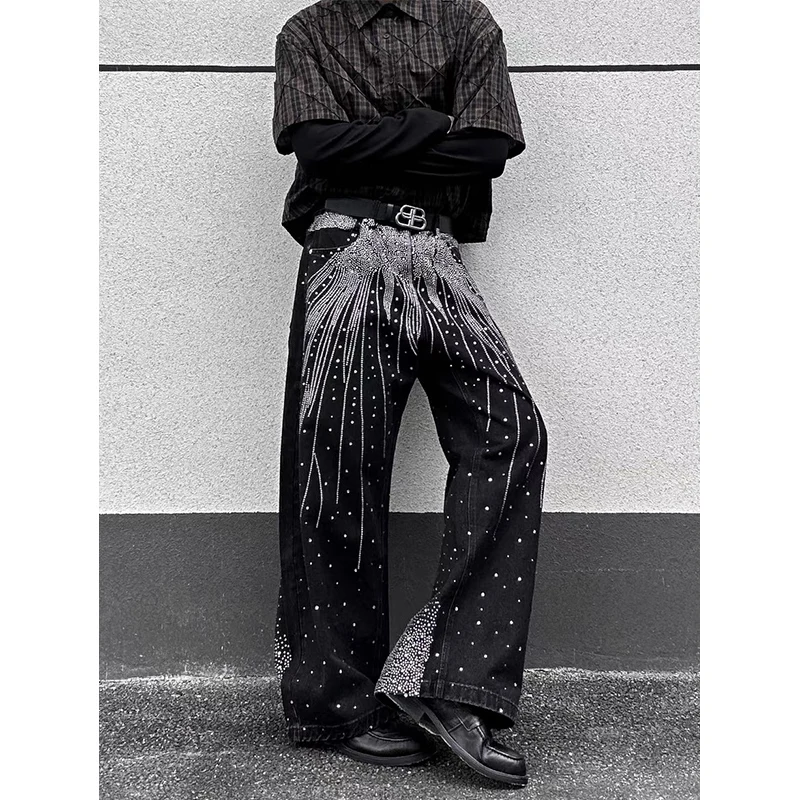 الرجال الأسود القوطي Y2k ايمو الجينز Harajuku خمر فضفاض سراويل جينز اليابانية 2000s نمط الجرونج حجر الراين الجينز السراويل الملابس #4