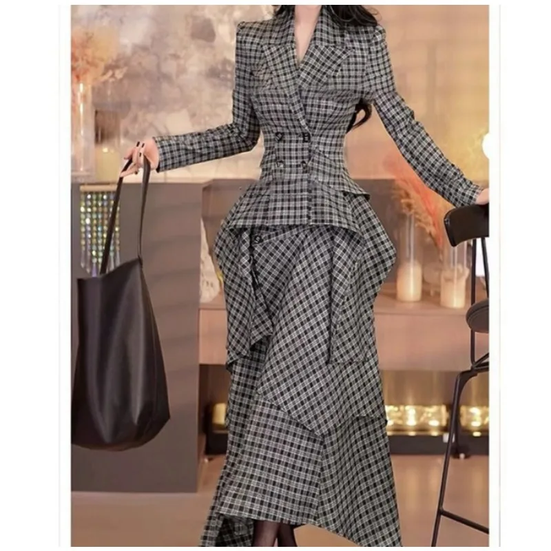 النمط البريطاني منقوشة بدلة صغيرة كبيرة سوينغ تنورة فستان طويل قطعتين مجموعة 2025 مزاجه جديد ارتداء مجموعة كاملة #3