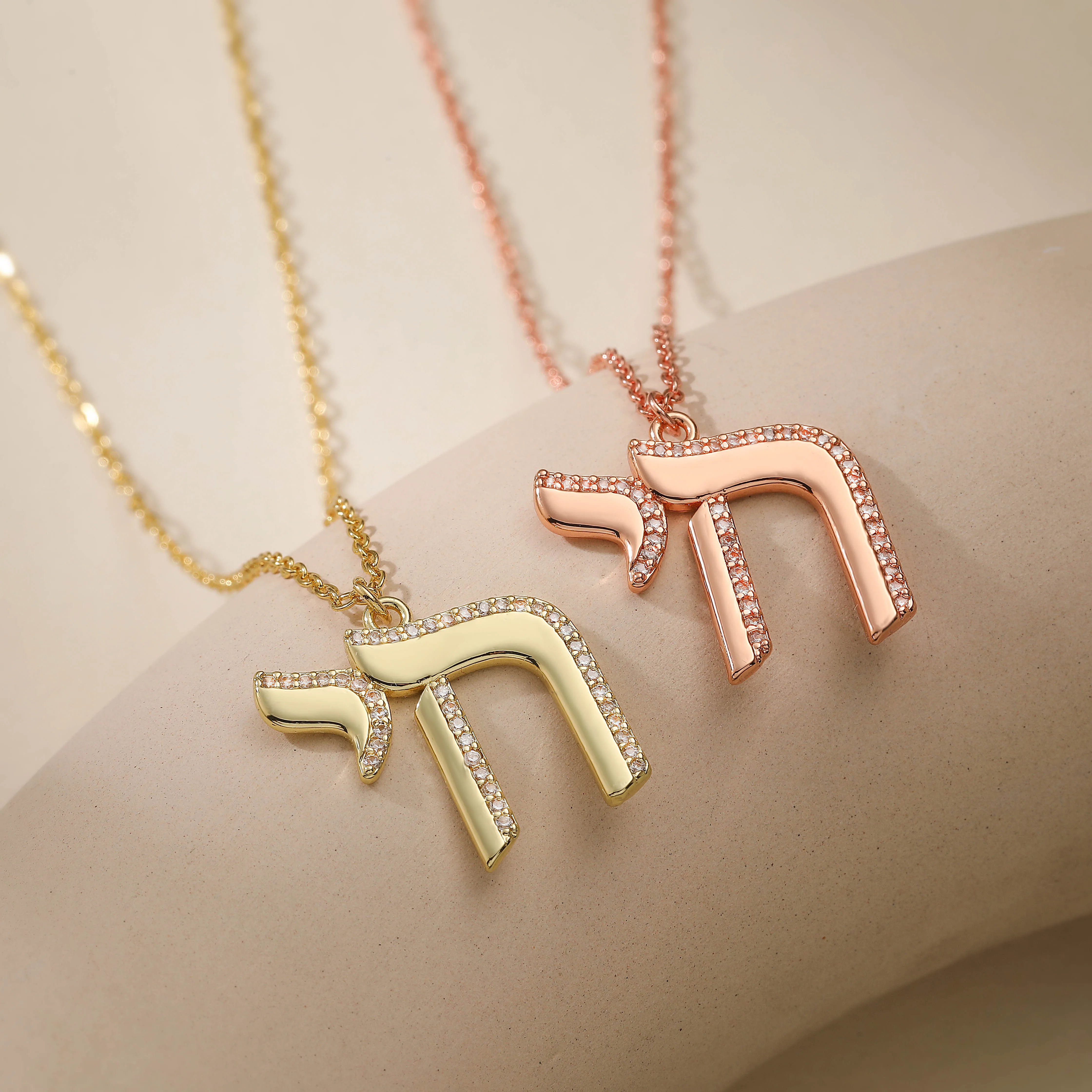 Gold-Plated Hebrew “Chai” Symbol Necklace Micro-Set Cubic Zirconia “חי” Life  Charm Lucky Jewelry Perfect for Women's Gift