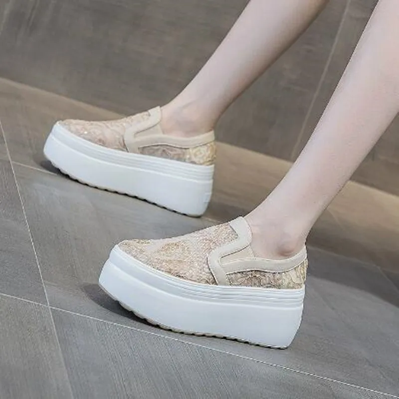 

Autumn High Quality Synthetic 8cm Platform Wedge Flats Shoes Chunky Sneakers Casual Bling Leather Comfy High Brand Summer Shoes