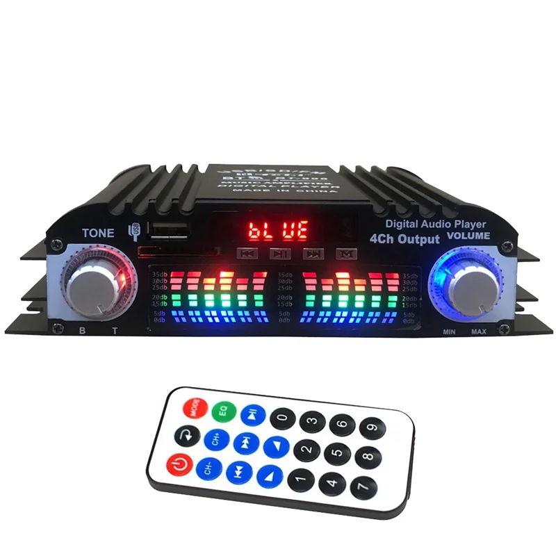 AA08-Audio Amplifier 4-Channel Digital Sound Amp For Home Audio Systems, Car, Karaoke Supports USB SD AUX