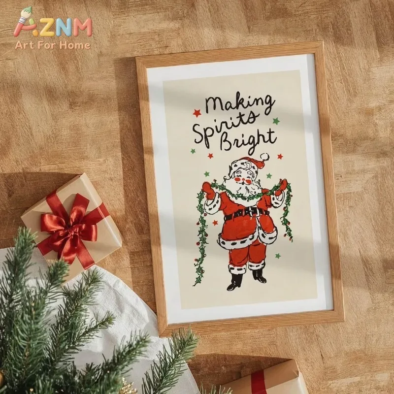 Vintage Santa Making Spirits Bright Christmas Canvas Poster Prints Frameless Wall Art Festive Winter Cozy Home Cute Decorations