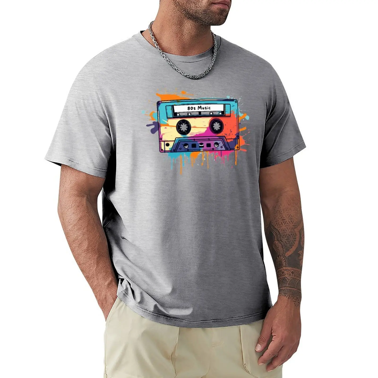 80s Music, Retro Cassette Tape, Paint Splash T-shirt quick drying Short sleeve tee plain black t shirts men