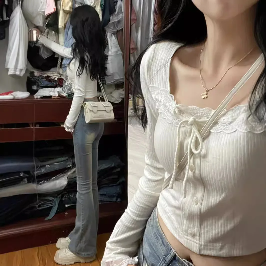 Chemise à Base de dentelle pour femmes, Niche, coupe cintrée, douce et chaude, haut court à manches longues, printemps et automne