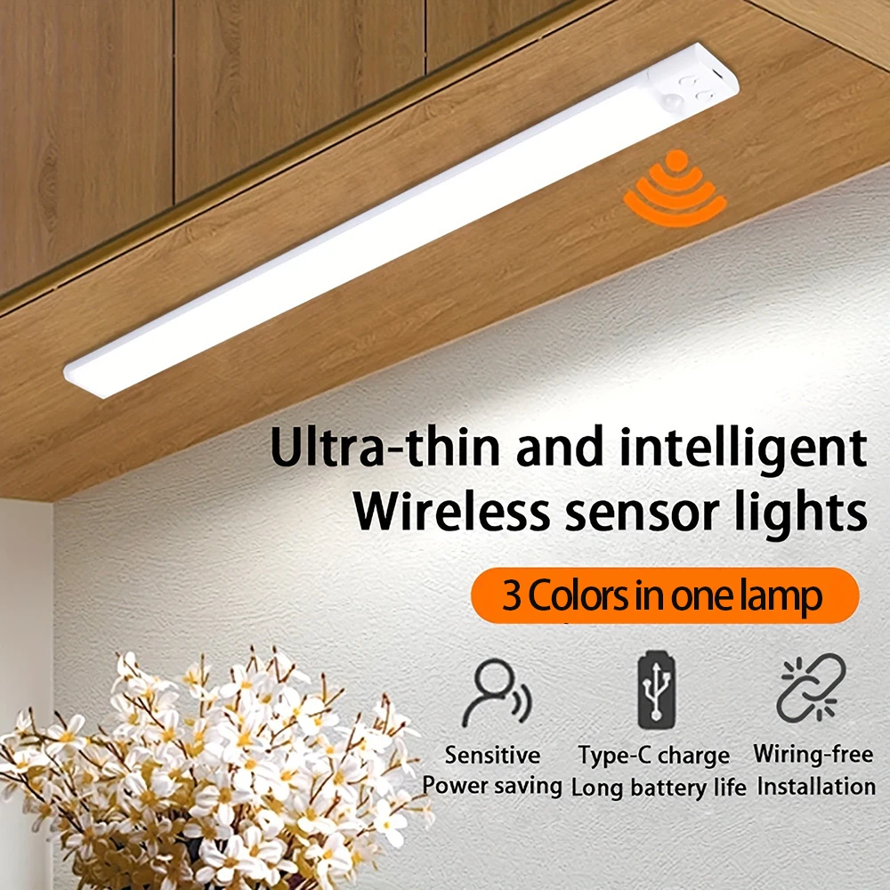 

Светодиодные ультратонкие светильники под шкафы с датчиком движения, беспроводные перезаряжаемые, 3 цвета, для кухни и гардеробной