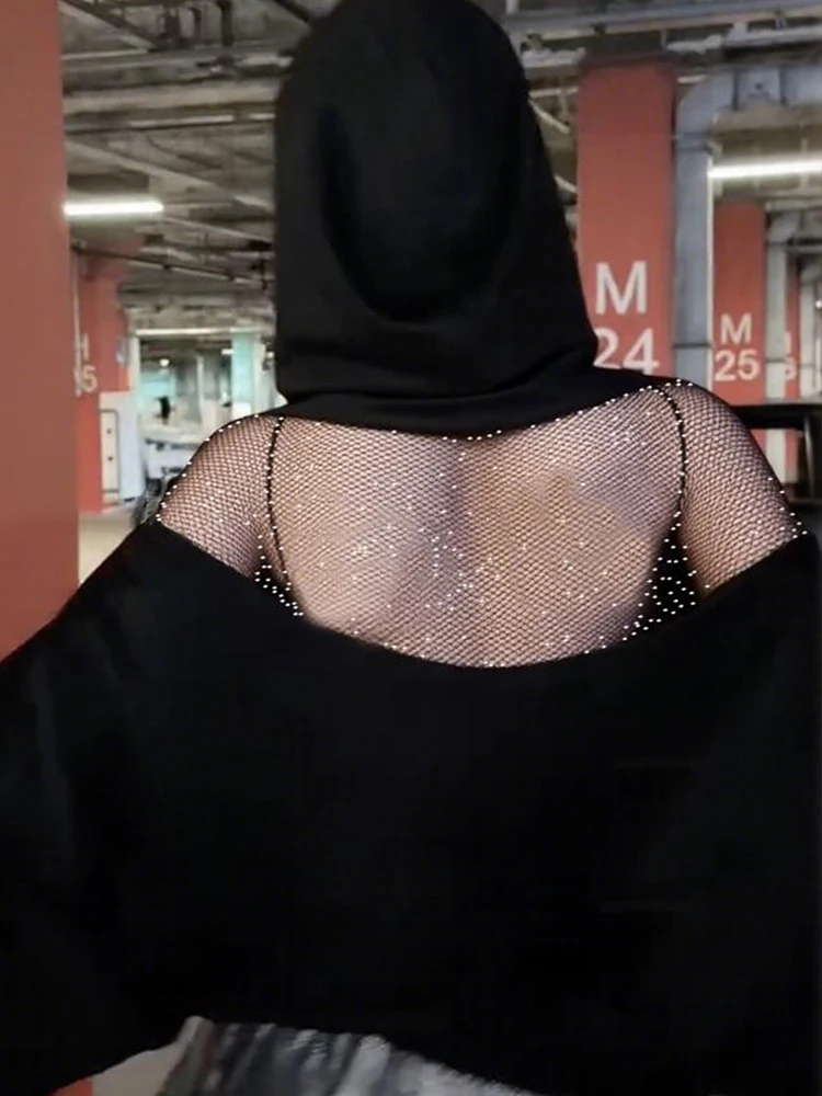 Jersey con capucha sin espalda para mujer con cremallera de malla diseño de retazos de manga completa de calle alta moda Casual estilo Simple clásico Tops