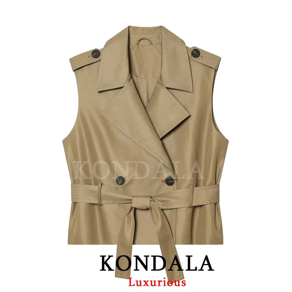 KONDALA Lässige Chic Damenweste Khaki Einfarbig mit Revers Einreihig Gürtel Schleife Ärmellose Weste Neue Mode 2026 Sommer Urlaubsweste
