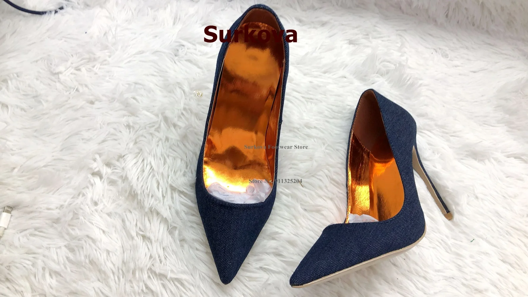 Surkova Blue Denim Golden Lining Inside 12cm High Heel Shoes Pointed Toe Shallow Jeans Pumps 10cm 8cm Slip-on Dress Footwear