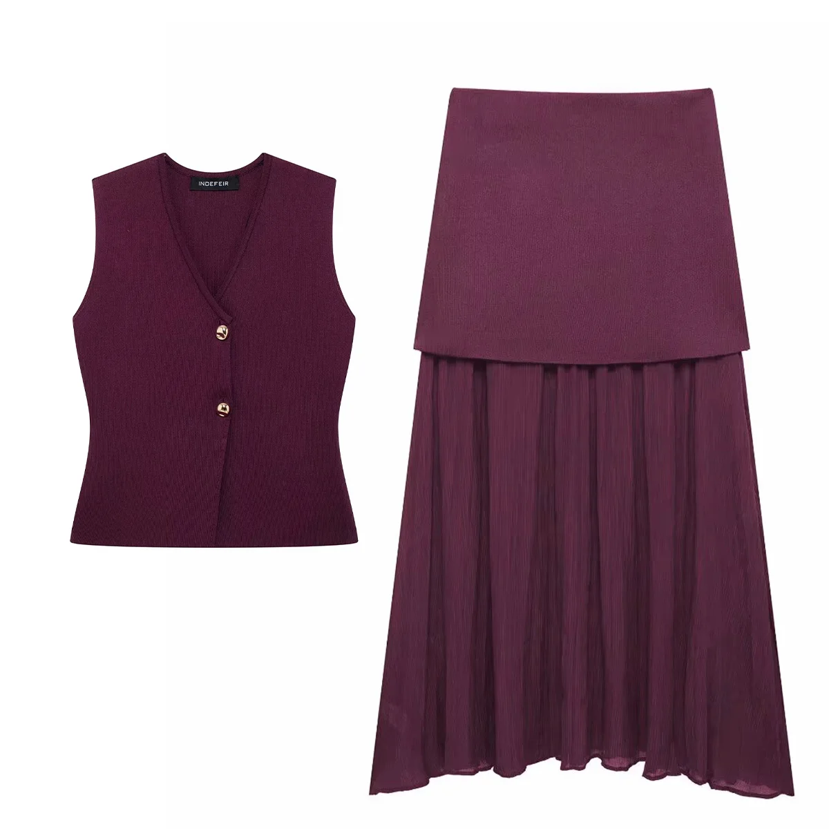 TRAFZA 2024 Women Skirt Set Wine Red Knitted V-Neck Sleeveless Sllim Vest +Solid High Waist Zipper Patchwork Long Skirt Street