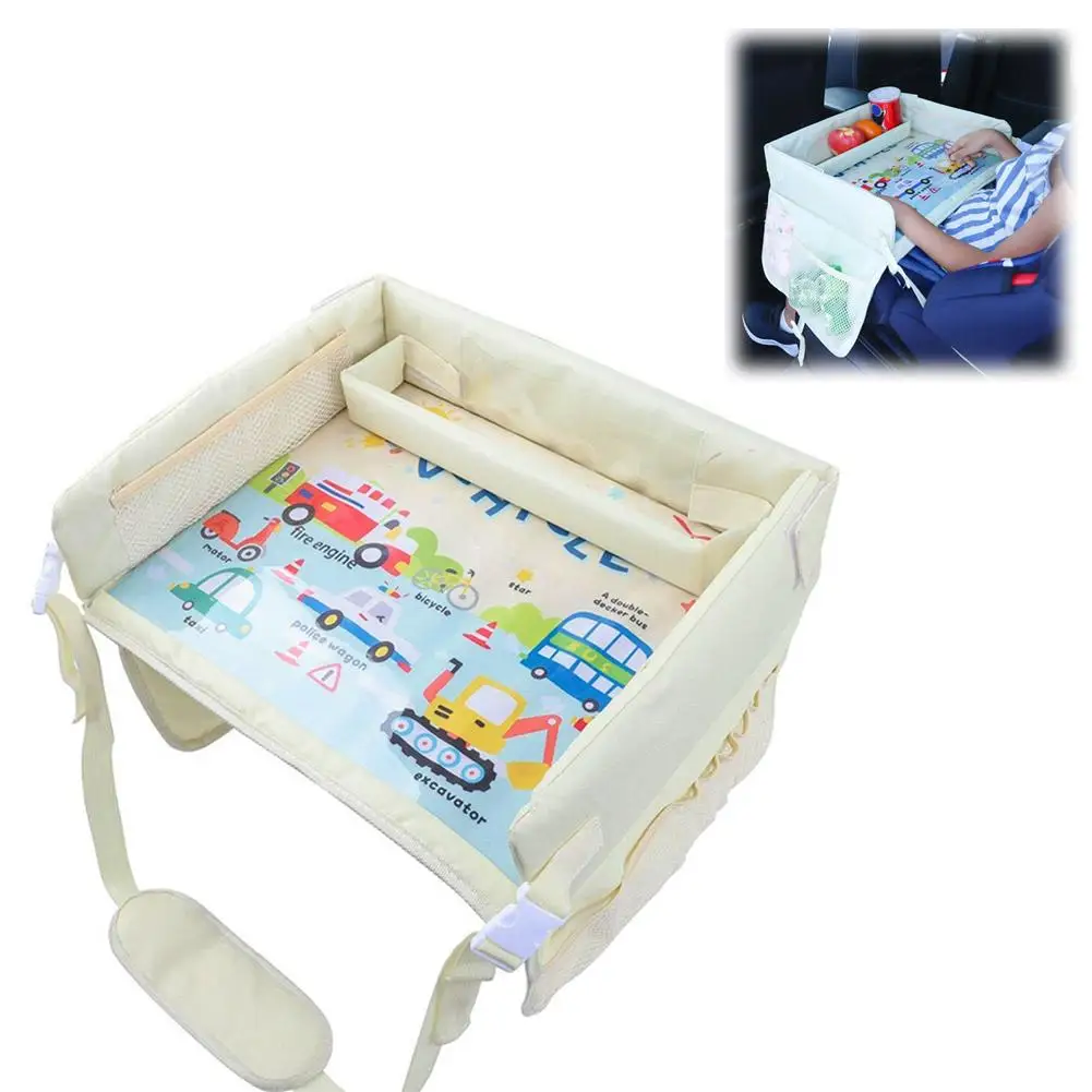 Kindersitz-Ablage Wasserdichter Reise-Spieltisch für Kindersicherheitssitz mit Cartoon-Motiven und mehreren Taschen für die Rücksitzaktivitäten – Detail 1