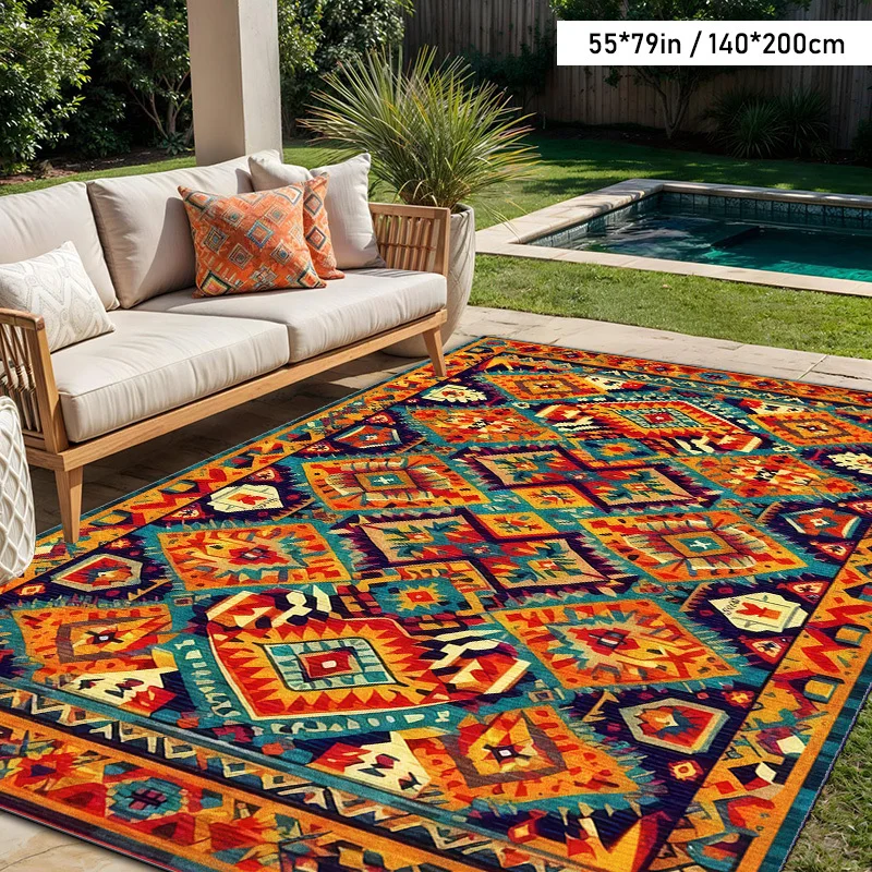 [Decorative Bohemian Rug] 1pc Bohemian Style Soft Plush Rug | Dotted Plastic Bottom, Outdoor Use for Courtyards, Balconies, Gard