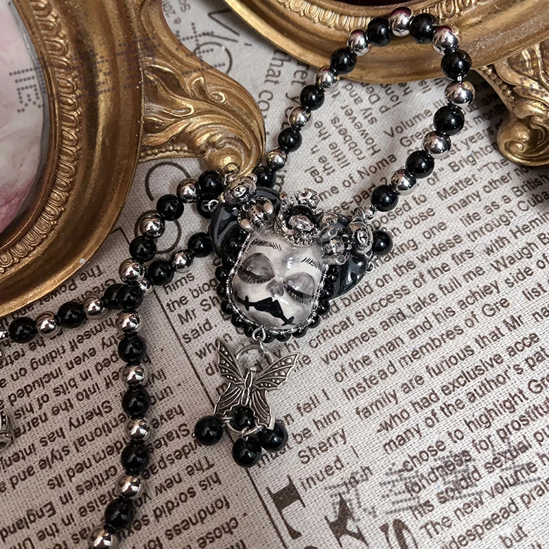 Handmade Pendant Beaded Clavicle Chain Necklace Dark Asian Culture Black