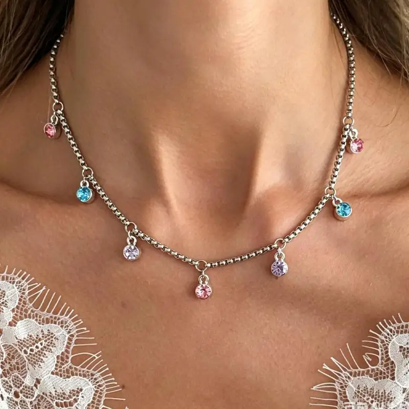 Ingemark Sweet Colorful Rhinestones Pendant Choker Necklace For Women Cute Adjustable Clavicle Chain Y2K Jewelry Accessories
