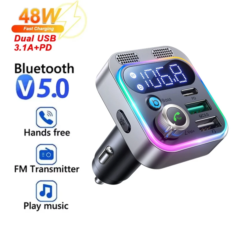 

Bluetooth 5.0 FM Transmitter For Car FM/AUX Bluetooth Car Adapter Car Charger Bass Boost 3 Ports Charger Bluetooth Adapter
