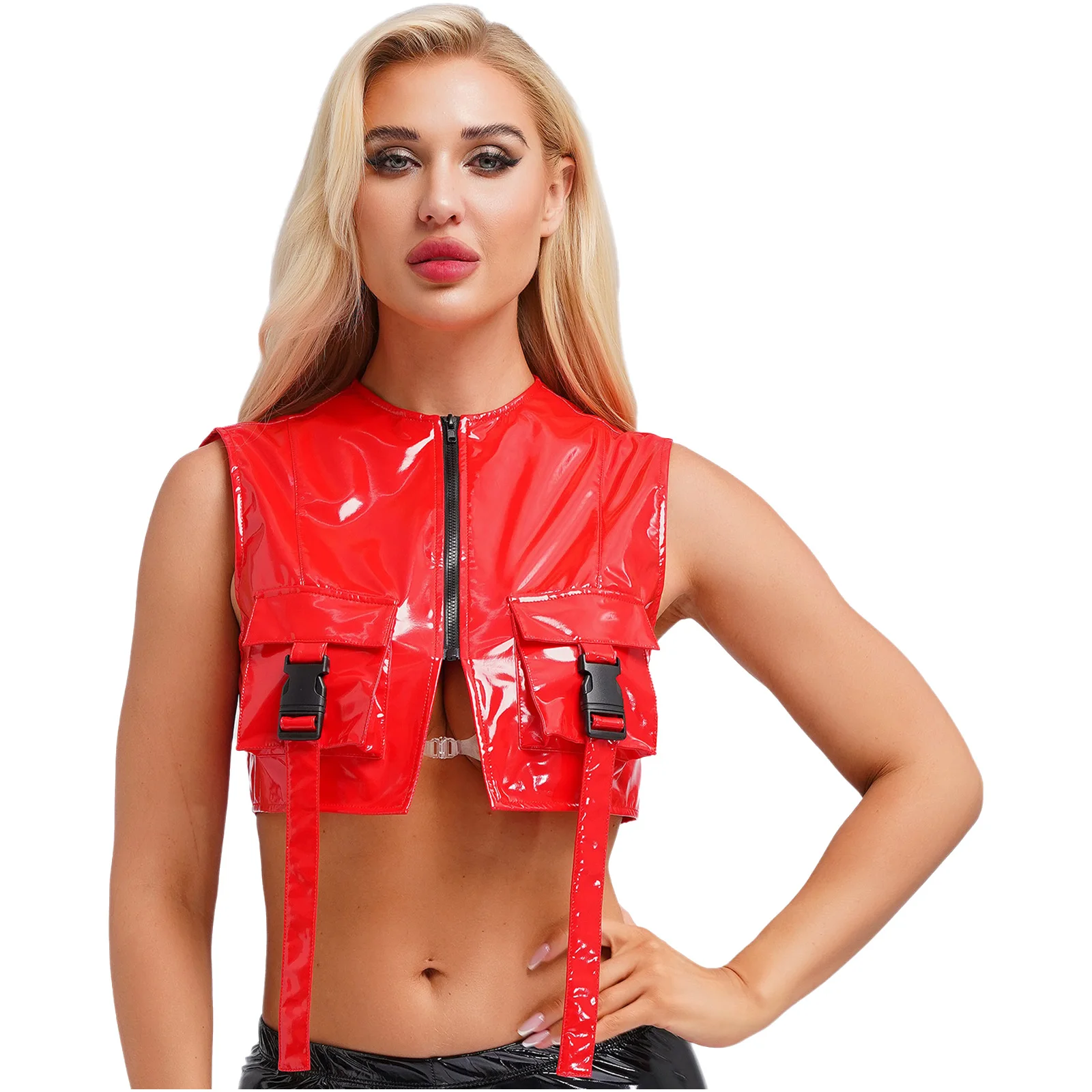 Sexy Punk Women Wet Look Zipper Crop Top Buckle Zip Up Jacket Cargo Tops with Pockets Top Coat Vest Tank Tops