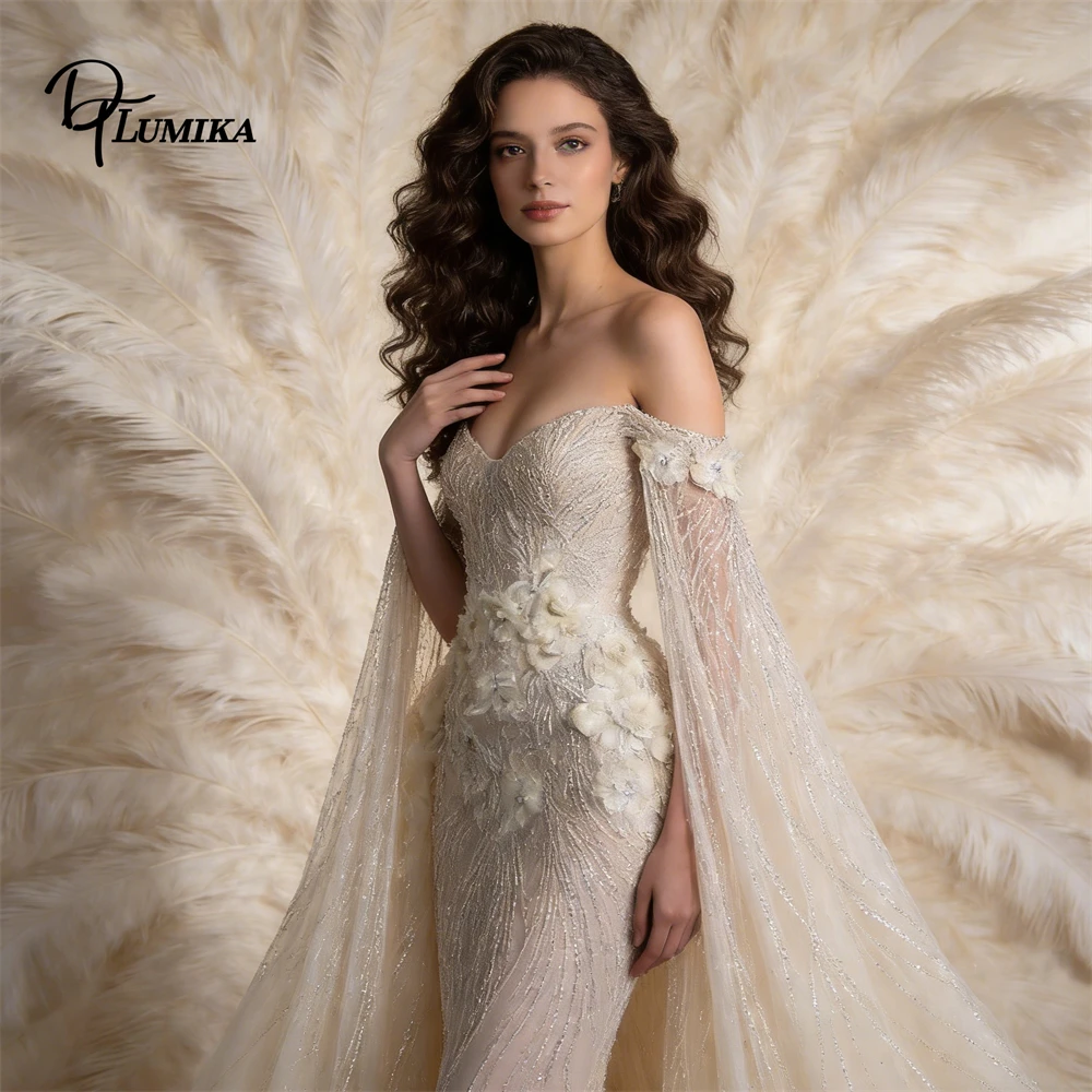 Womens Sparkle Mermaid Wedding Dress Off-the-Shoulder 3D Floral Cape Train Bridal Gown Luxury Reception Engagement Dress