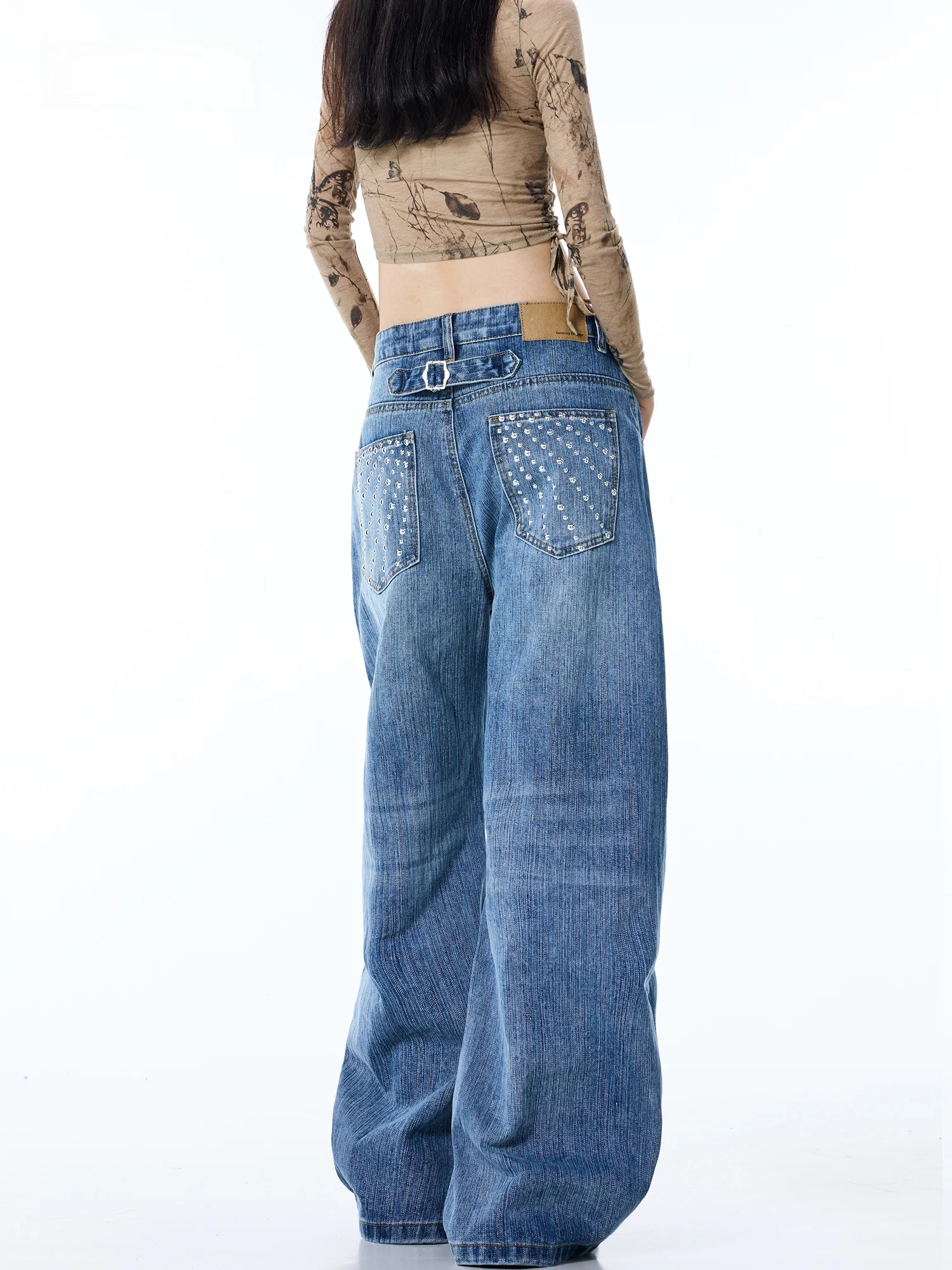 Blue Wide Leg Denim Jeans Women's Vintage Washed Slimming High Waist Design Casual Comfortable Cotton Blend Breathable