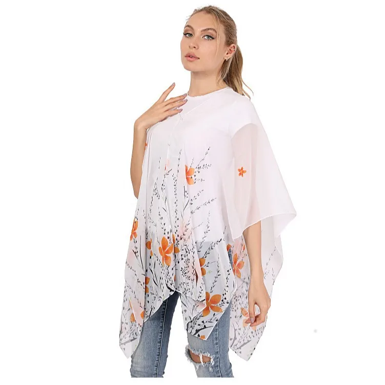 Summer Simulated Silk Poncho Sunscreen Cape with Flower Print And Pearl Buttons Scarf Shawl Gift Cloak