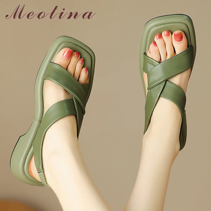 Meotina Women Genuine Leather Sandals Square Toe Platform Block Mid Heels Ladies Fashion Casual Shoes Summer Green Apricot 40