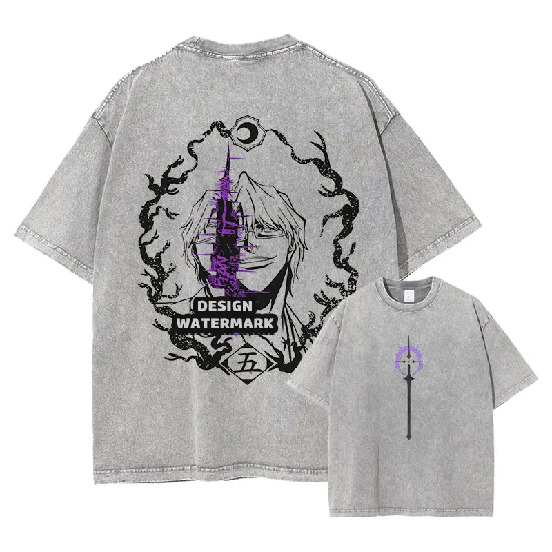 Aizen Sousuke T Shirt Anime Bleach Tank Tops Vintage Washed Tops Tees Harajuku Manga Short Sleeve Oversized T-shirt 100% Cotton